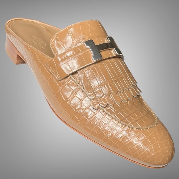 Hermes NIB Chai Shiny Niloticus Crocodile Leather Rivoli Mule Shoes Clogs EU 41 - Picture 1 of 12